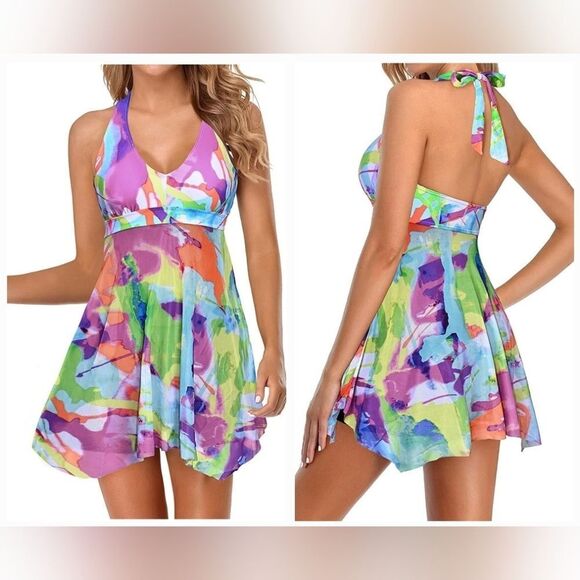 Yonique Tie Dye Flattering Halter Mesh Swimsuit Dress Built-in Boyshorts NWT - Picture 1 of 8